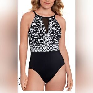 SWIM SOLUTIONS Tummy Control Mesh Insert Swimsuit NWT sz 10 black/white
